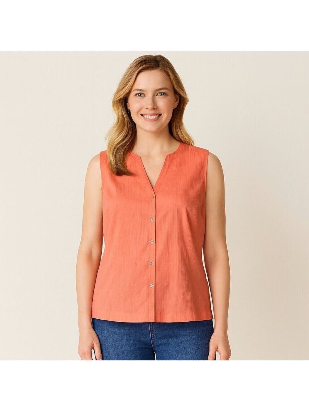 Talbots Peach V Neck Sleeveless Blouse Button Front Top Side Slits Medium